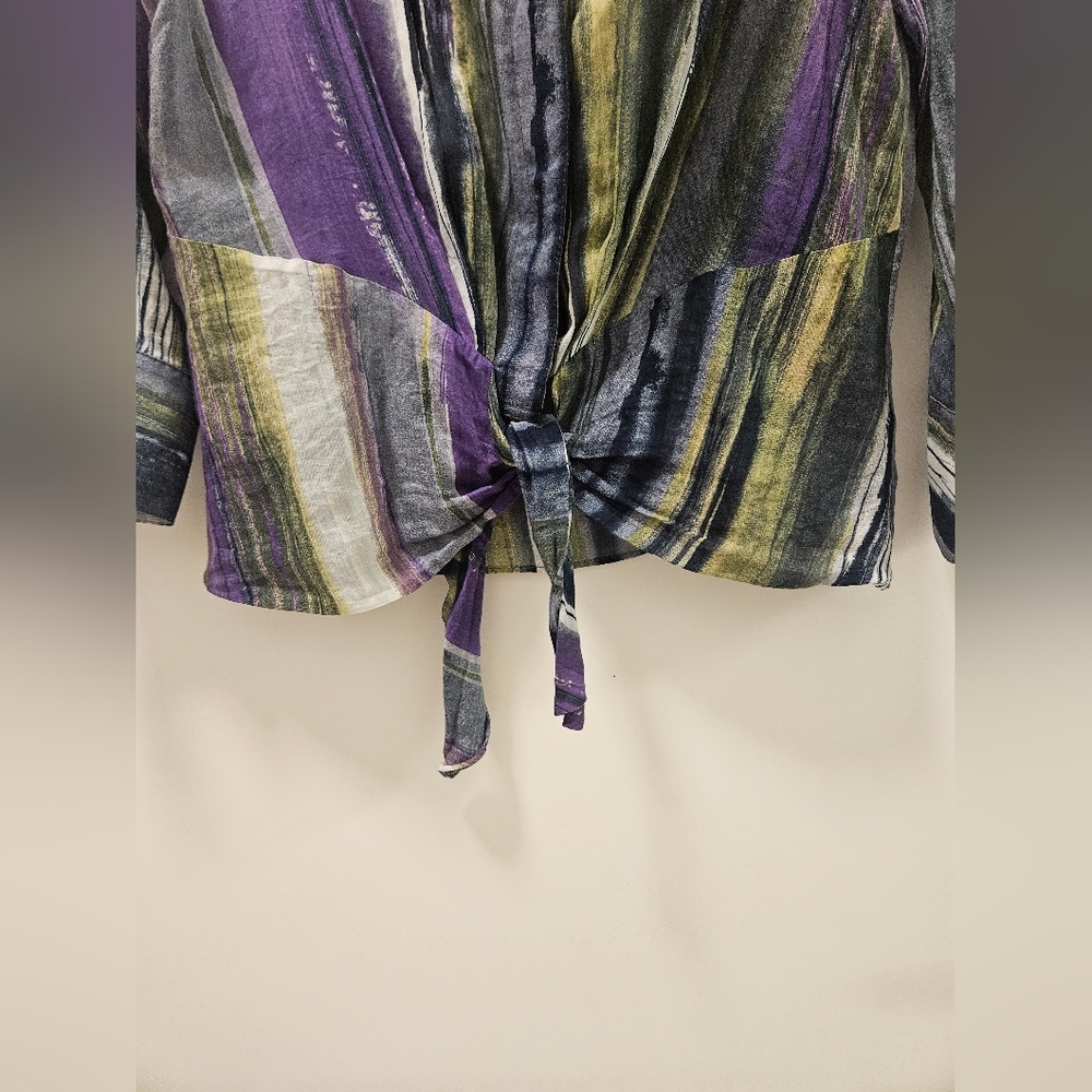 Lafayette 148 Purple And Green Tie Front Silk Blend Long Sleeve Size 10 - Picture 4 of 9